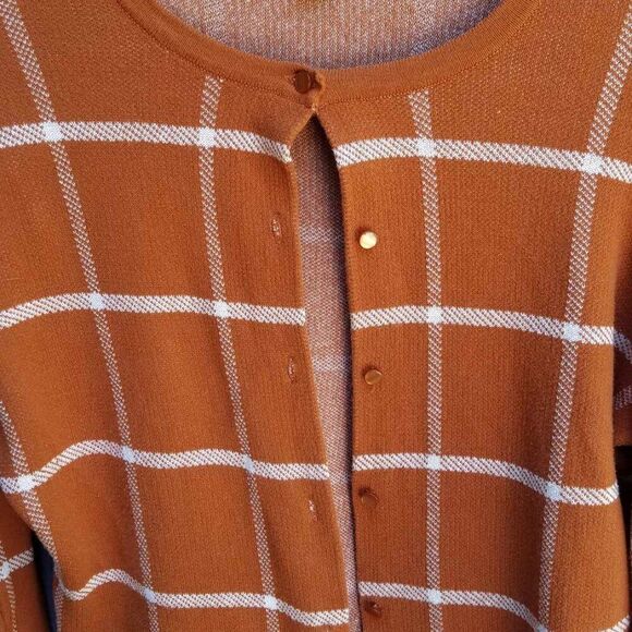 Ann Taylor Factory Pumpkin & White Plaid Cardigan Sweater Medium - Picture 7 of 10